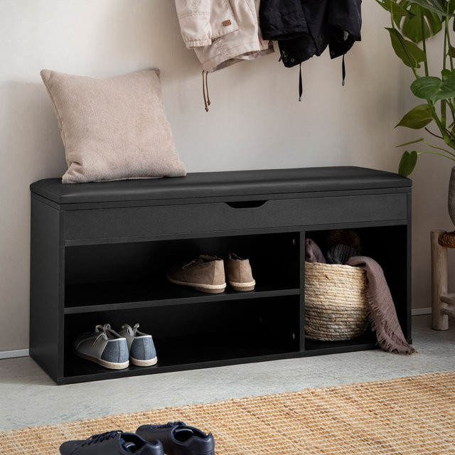 Schuhbank FineBuy Garderobenbank aus Kunstleder in Schwarz mit Schuhregal, Breite: 104 cm, Höhe: 51 cm, Tiefe: 32 cm - Bild 1