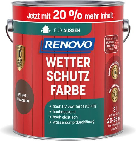 RENOVO Wetterschutzfarbe für Holz in Braun, wasserbasiert, seidenmatt - Bild 1