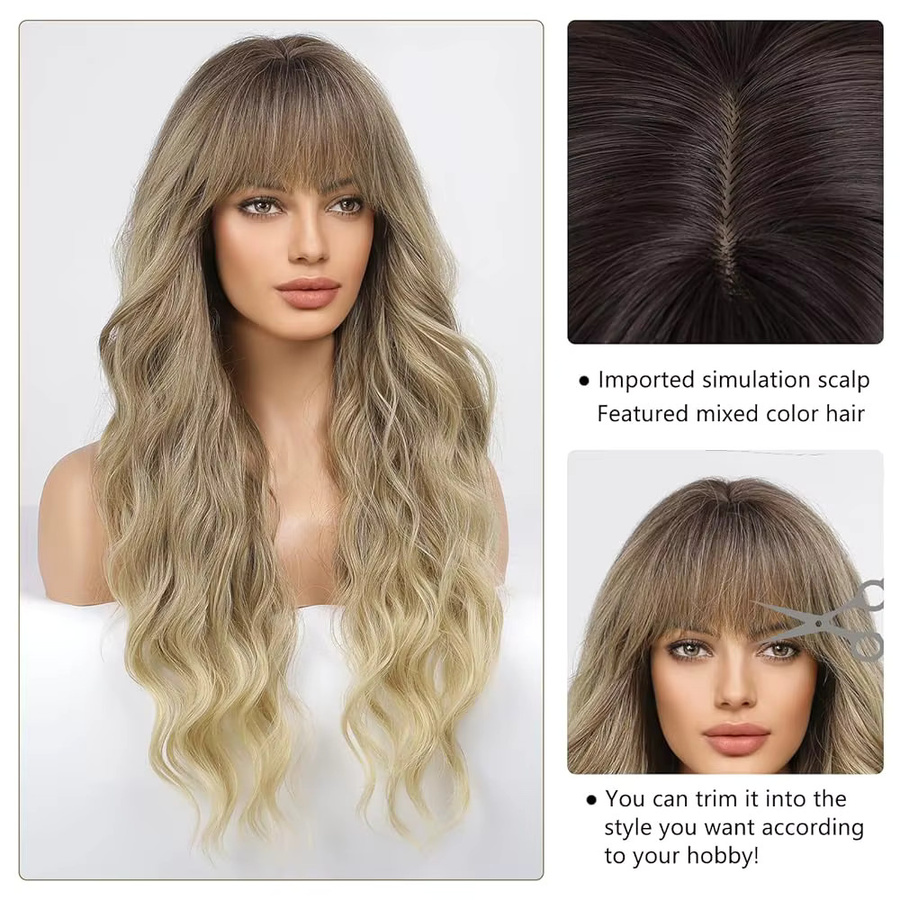 EASIHAIR Synthetik-Perücke, lange lockige Wellen, Ombre Braun-Blond, mit Pony, Damen - Bild 2