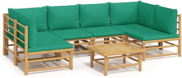 vidaXL 7-tlg Garten-Lounge-Set aus Bambus mit grünen Polsterkissen in L-Form - Bild 1