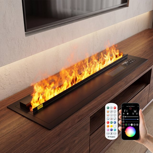 AFLYEVER Wasser-Elektrokamin mit 3D-Nebel-Flammen-Effekt in Schwarz, App-Steuerung und Fernbedienung - Bild 1