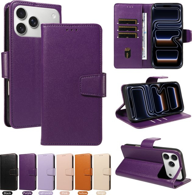 Leder-Handyhülle für Samsung Galaxy M36 M16 F16 F36 S25FE S26 PRO Edge Ultra Plus A07 A17 mit Kartenhalter und Ständer in Braun und Lila - Bild 1