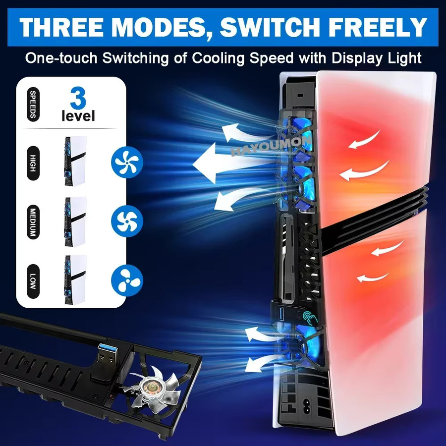 HeroAngel Kühlventilator für PS5 Slim und PS5 Pro mit LED-Licht, 3 Stufen, USB 3.0 Hubs und Staubschutznetz, Schwarz - Bild 4