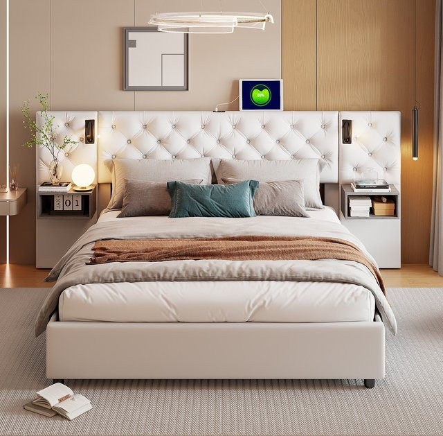 Rosahqnda Polsterbett mit LED, USB und Stauraum, Doppelbett mit 2 Nachttischen, Samtbeige, B/T/H: 140 x 200 cm - Bild 1