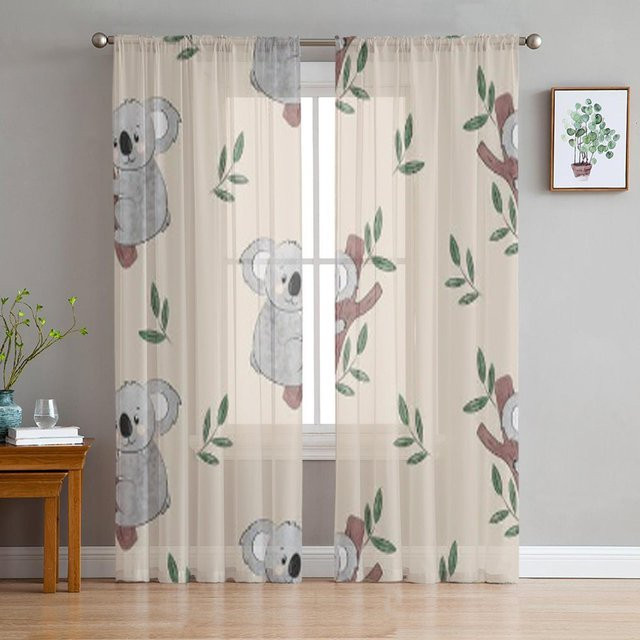 A Family Of Home Textiles Transparente Tüllvorhänge mit Cartoon-Koalabären-Muster, Beige, B/H: 135 x 114 cm, 2er-Set - Bild 1