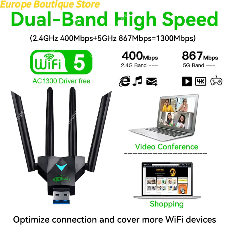 NUOYING Dual Band 1300Mbps WiFi USB Adapter mit 4 Antennen, 2,4GHz/5GHz WLAN Dongle USB 3.0 für PC und Laptop, Schwarz - Bild 2