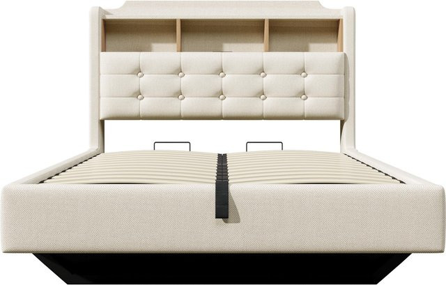 Modernes Polsterbett von WM Store DE in Beige mit LED-Unterbettbeleuchtung, USB-Ladeport und Bettablage, schwebendes Design mit Lift-up-Funktion, H x B x T: 110 x 217 x 141 cm - Bild 1