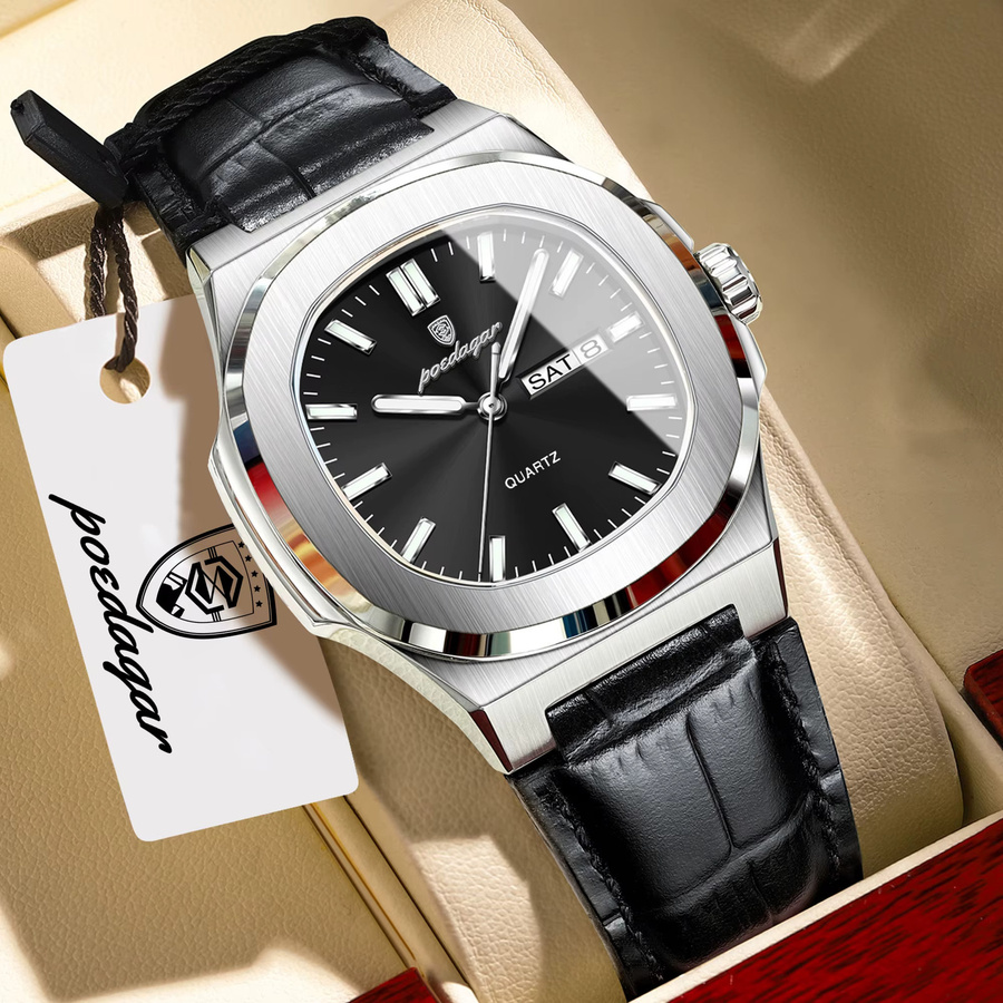 POEDAGAR Armbanduhr, Analoguhr, Edelstahl, Leder, Schwarz, Herren - Bild 2
