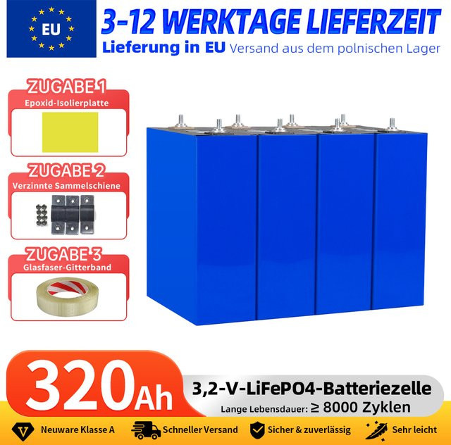 PWOD LiFePO4 3,2V 320Ah Lithium-Eisenphosphat-Zelle für DIY 12V 24V Solarenergiespeicher Camping Wohnmobil Boot in Blau - Bild 1