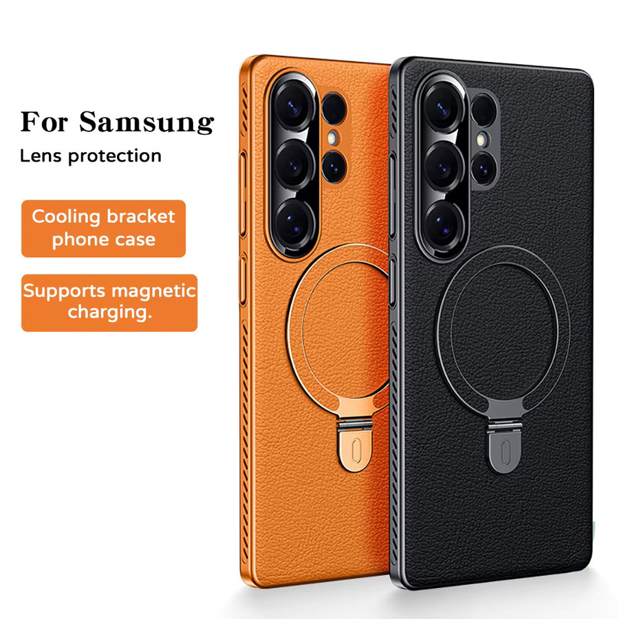 Stoßfeste Lederhülle für Samsung S26 S25 S24 Ultra mit kabelloser Ladefunktion, magnetischem Ständer und Kameraschutz in Grau - Bild 2