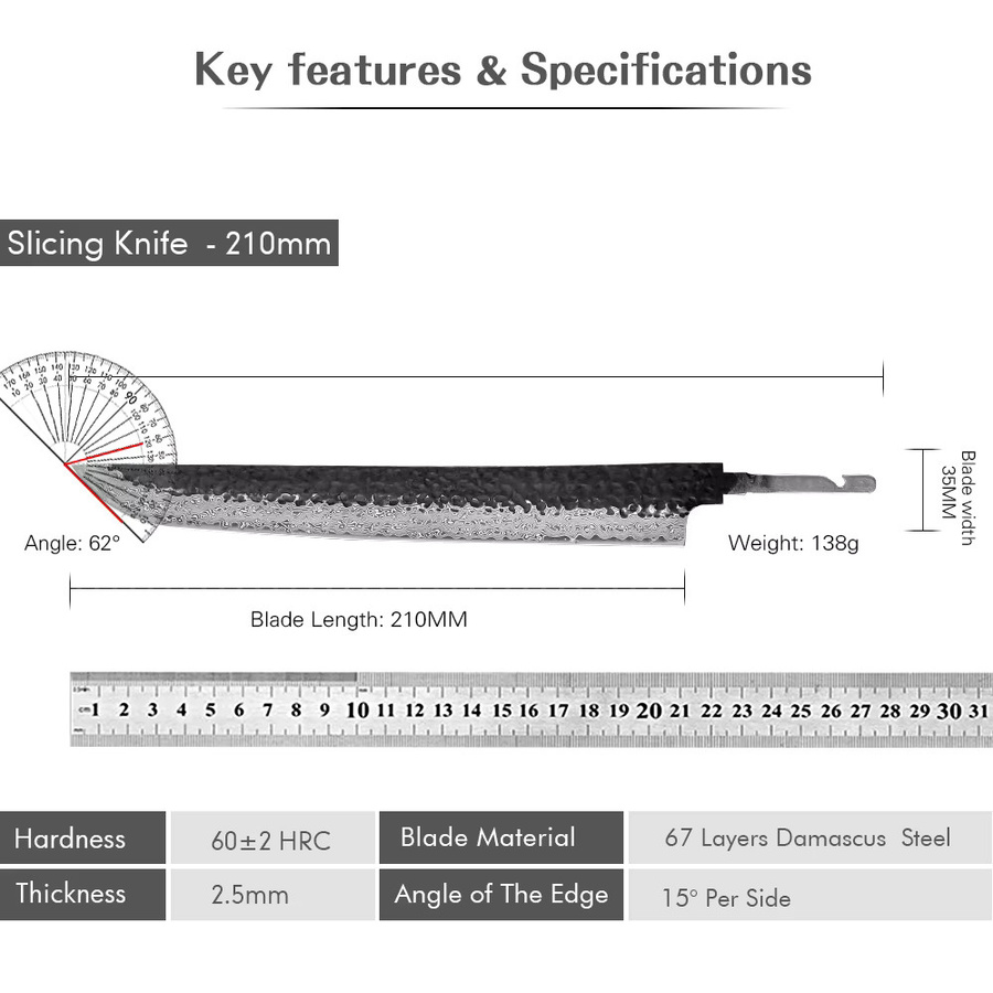 TURWHO Handgeschmiedetes Japanisches Damaszener Stahlmesser mit DIY-Holzgriff in Braun für Fischfilet, Sushi und Sashimi, Länge: 26,67 cm - Bild 3