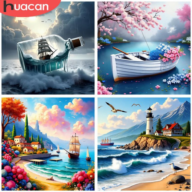 HUACAN 5D Diamantmalerei-Set mit mystischem Segelboot in der Flasche, Mosaik-Bastelset Ozeanszene in Multicolour - Bild 1
