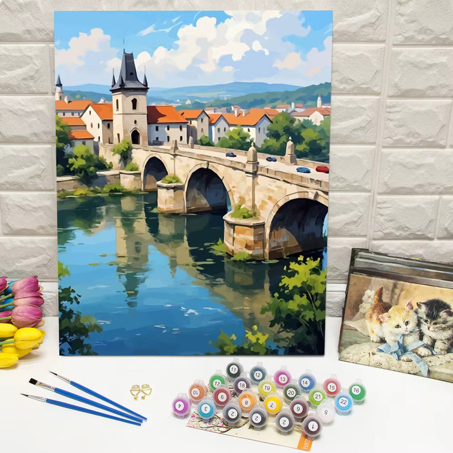 Huacan Malen nach Zahlen Set Landschaft mit Brücke, Haus und Fluss als handgemaltes digitales Ölgemälde auf Leinwand, Mehrfarbig - Bild 3
