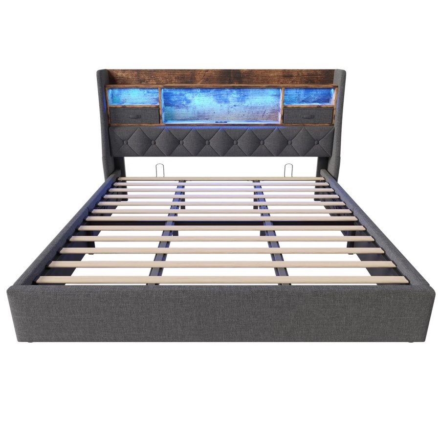 okwish Polsterbett Grau mit LED-Kopfteil, USB-Anschluss und Bettablage für Kinderzimmer und Schlafzimmer, B/T/H: 221,0 x 180,0 x 116,0 cm - Bild 2