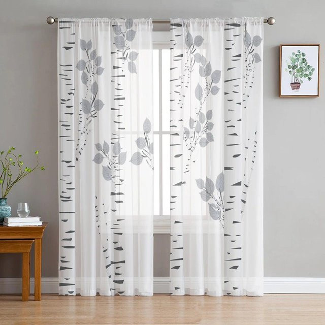Moderner Voile-Vorhang mit grauem und weißem Ast-Design von A Family Of Home Textiles, transparent, B: 135 cm, H: 114 cm - Bild 1