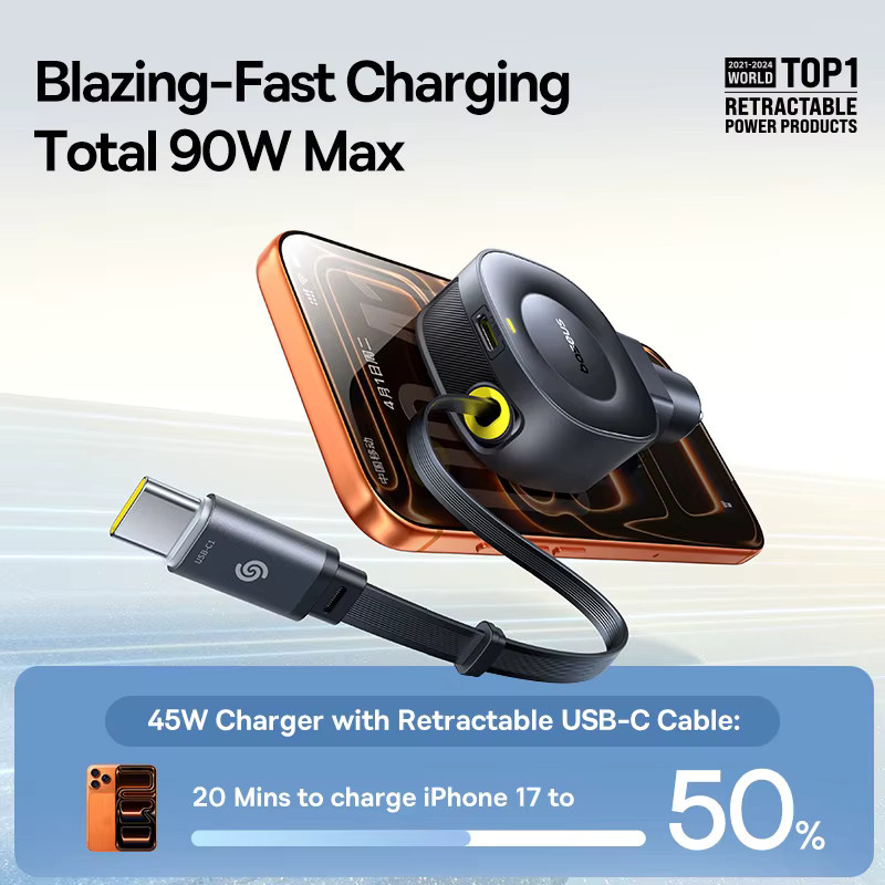 Baseus 45W Autoladegerät mit integriertem einziehbarem Kabel in Schwarz für iPhone, Samsung, Xiaomi und HUAWEI - Bild 2