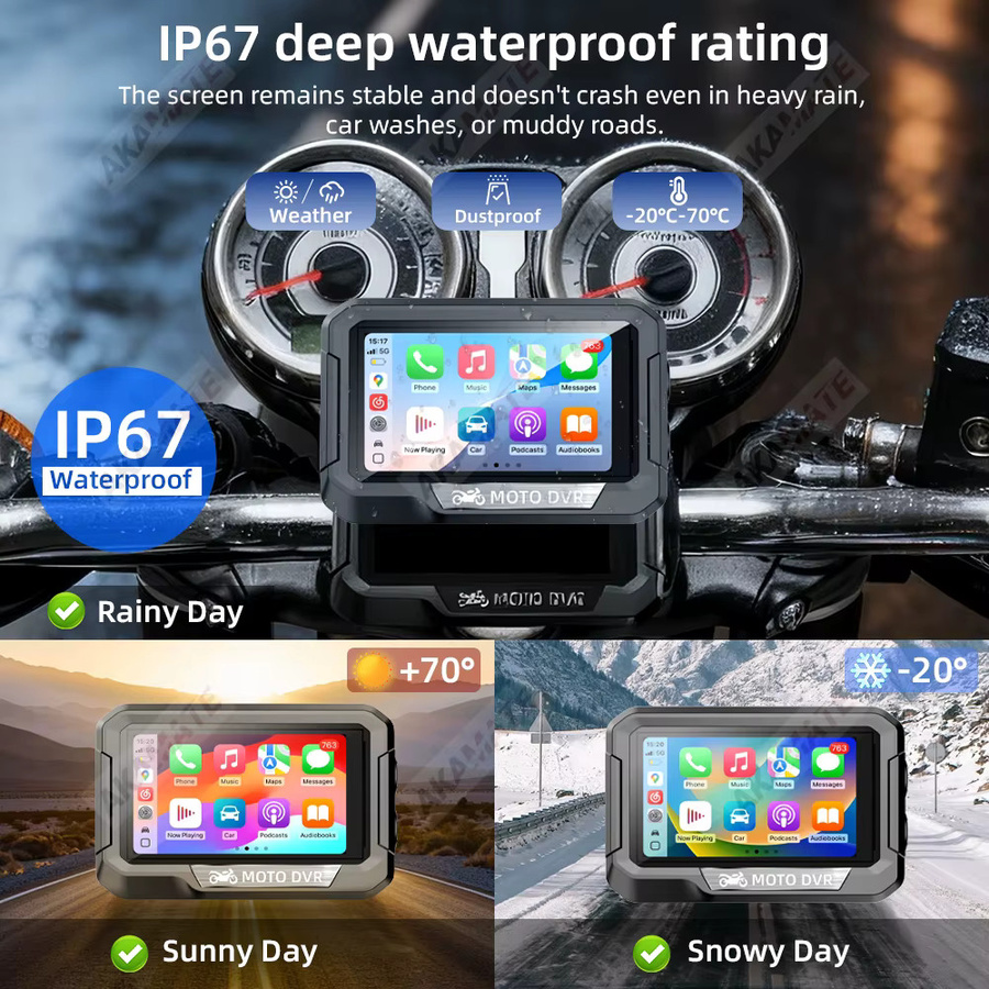 AKAMATE Motorrad Navigation Monitor mit 3,4 Zoll HD Digital Display, CarPlay, Android Auto und Bluetooth, wasserdicht, Schwarz - Bild 5