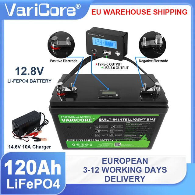 VariCore Lithium-Eisenphosphat-Batterie 12 V 120 Ah in Schwarz mit integriertem BMS für Solaranwendungen, Wohnmobile, Boote und netzunabhängige Systeme - Bild 1
