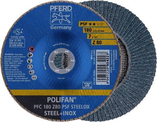 PFERD POLIFAN Fächerschleifscheibe PSF STEELOX für Stahl und Edelstahl, Durchmesser: 180 mm, Bohrungs-Ø: 22,23 mm, Körnung: 80, Farbe: Blau - Bild 1