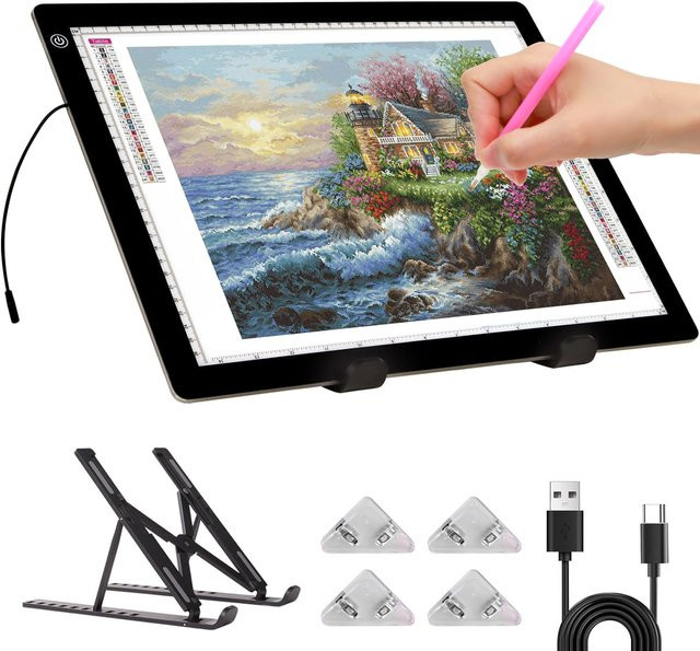 A3 Tracing-Leuchtkasten mit Ständer in Schwarz, stufenlos dimmbar, ultradünnes Lichtkissen zum Zeichnen und für Diamantmalerei - Bild 1