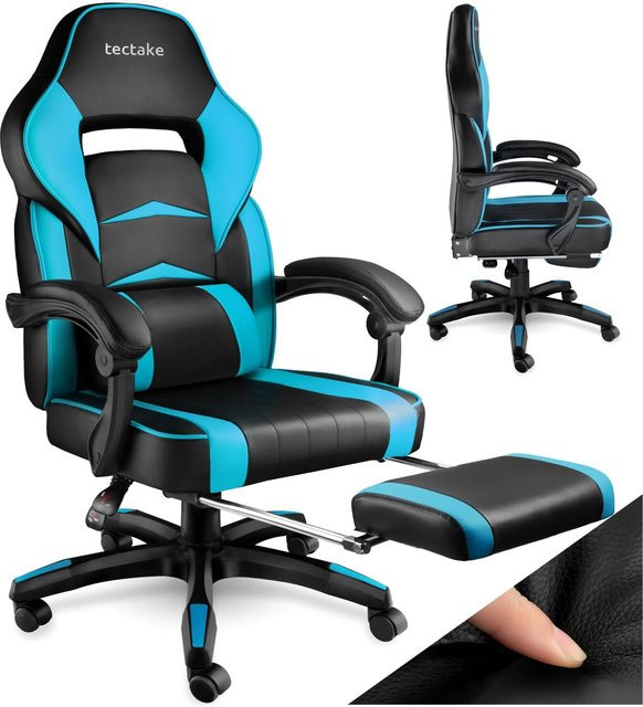 tectake Racing Bürostuhl mit Fußstütze und verstellbarer Rückenlehne aus Kunstleder inklusive Lendenkissen, Belastbarkeit 120 kg - Bild 1