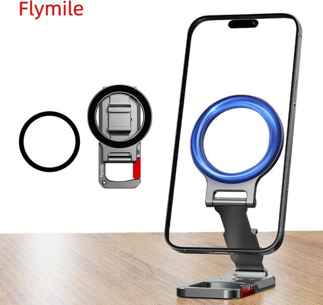 Flymile MagSafe Magnetständer für iPhone 17 16 15 14 13 Pro, tragbarer und faltbarer Telefonhalter mit Karabiner, Schwarz - Bild 1