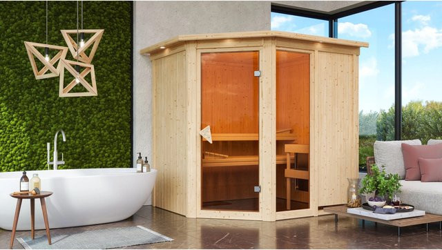 Karibu Sauna Freyja 2 aus Fichte mit 9.0 kW Ofen, integrierter Steuerung und LED-Dachkranz, Farbe: Natur/Braun/Weiß, B/T/H: 196 x 170 x 202 cm - Bild 2