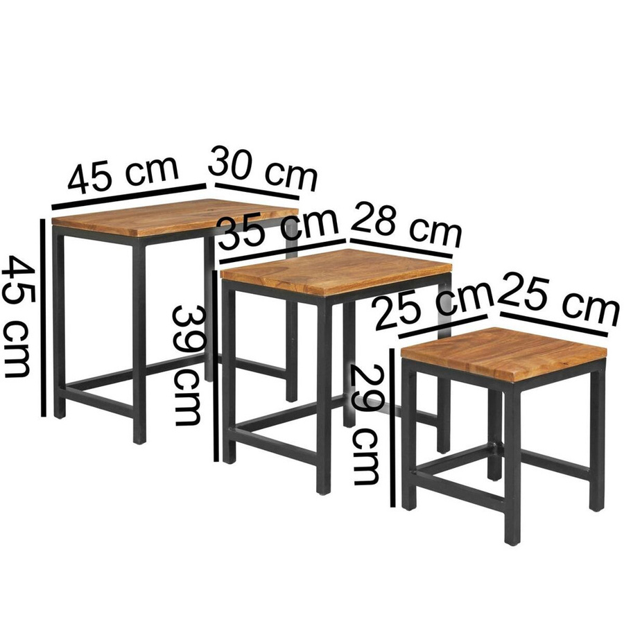 Wohnling Beistelltisch 3er-Set aus Sheesham Massivholz und pulverbeschichtetem Metall in Schwarz und Natur - Bild 2