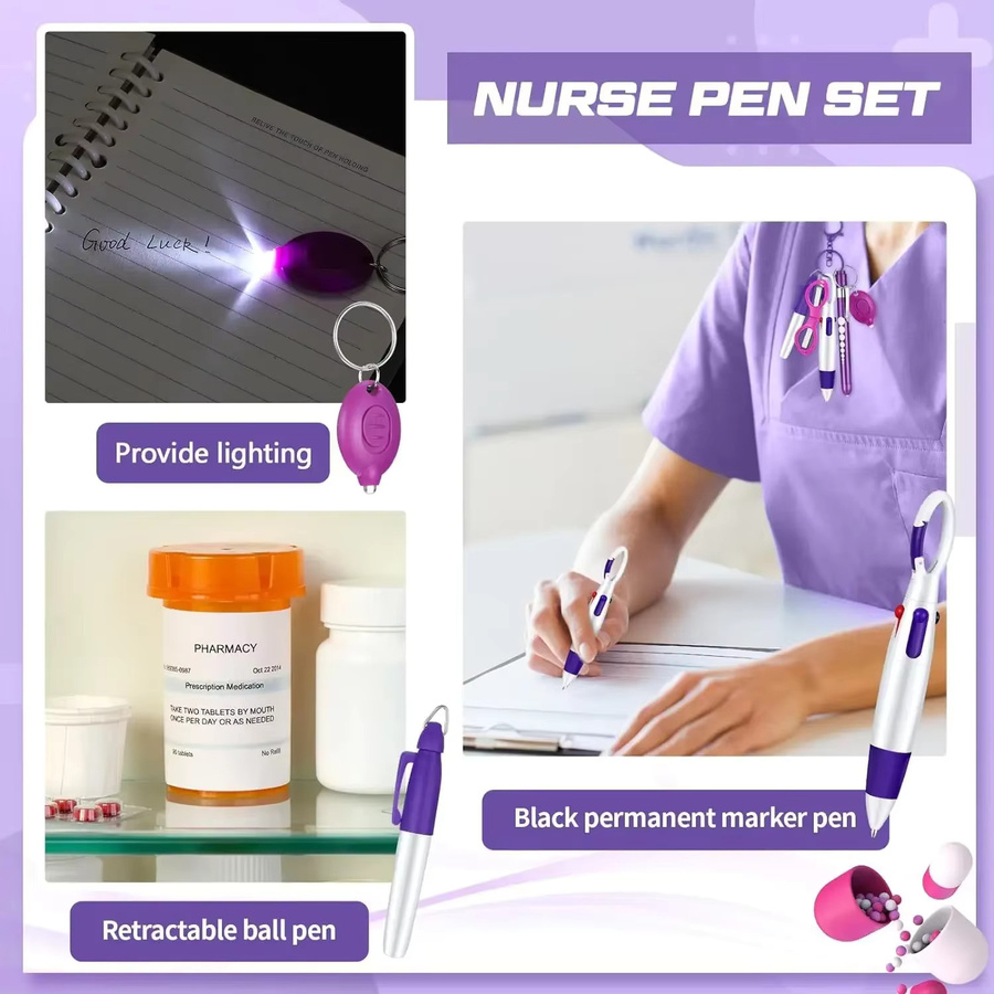 6in1 Multifunktions Kugelschreiber Set mit Taschenlampe, Schere und Schlüsselbund in Pink und Purple - Bild 3