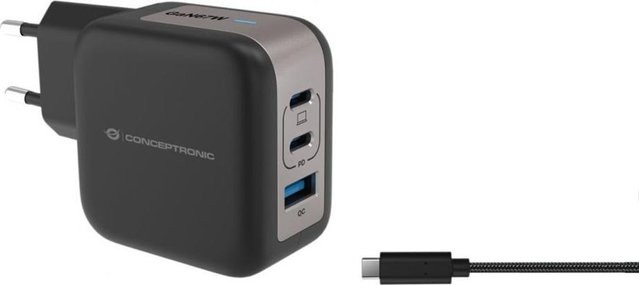 Conceptronic 3-in-1 Ladegerät mit 67W Leistung, 2x USB-C und 1x USB-A, Schwarz - Bild 1