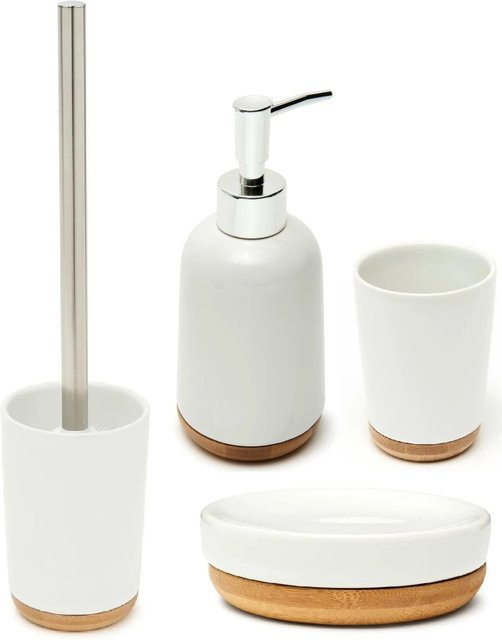 Swiss Aqua Technologies Bad Accessoires Set 4-teilig aus Keramik und Holz in Weiß und Blau mit Seifenspender, Seifenschale, Zahnbürstenhalter und Toilettenbürste - Bild 1
