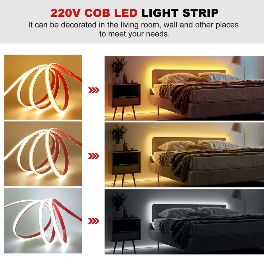 KISUFU COB LED-Streifen IP65 wasserdicht, 240 LEDs/m, AC 220 V, selbstklebend und zuschneidbar, weißes Licht (3000 K, 4000 K, 6000 K) - Bild 2