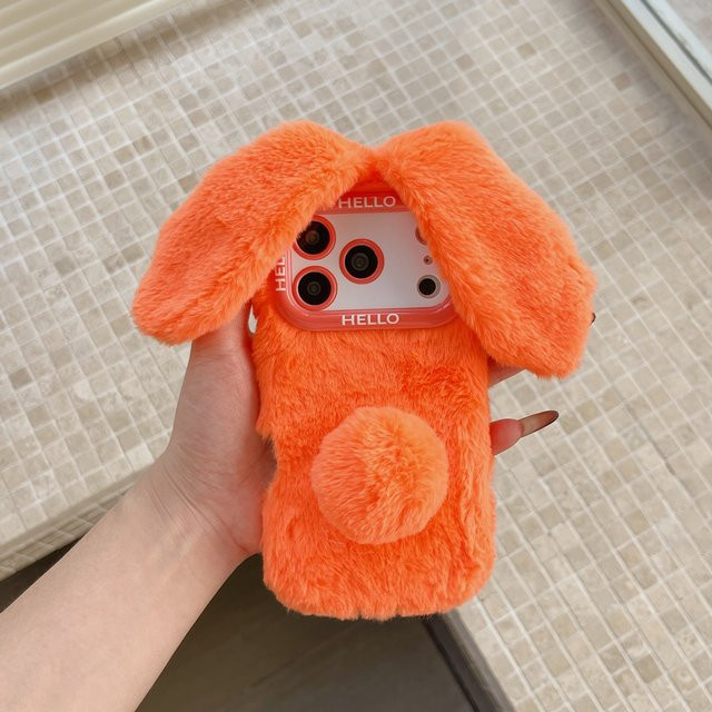 Niedliche 3D-Plüsch-Handyhülle in Hasenform mit langen Ohren für iPhone 17 Pro Max, 16, 15, 14 Plus, 13 Pro in Orange - Bild 1