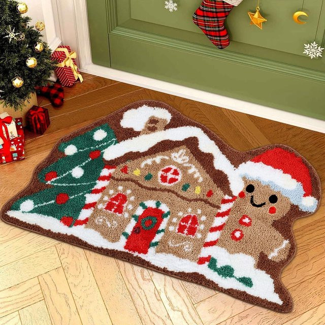 VIKAMA Weihnachts-Lebkuchenhaus-Teppich als weiche Bodenmatte für Schlafzimmer, Eingangsbereich oder Badezimmer - Bild 1