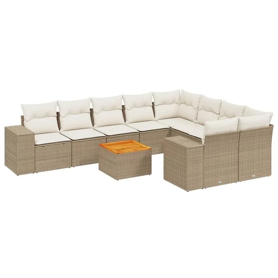 vidaXL 10-tlg. Garten-Sofagarnitur in L-Form aus Poly-Rattan und Akazienholz mit Kissen in Beige-Creme - Bild 2
