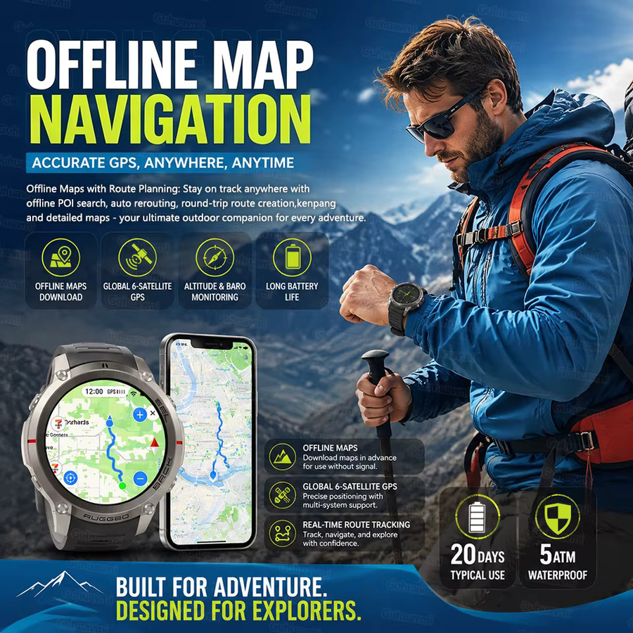 GUHUAVMI Militär-GPS-Smartwatch für Outdoor-Abenteuer mit Offline-Karten, 5ATM Wasserdicht, Kompass, Barometer und HD-Anruf Funktion in Schwarz - Bild 2
