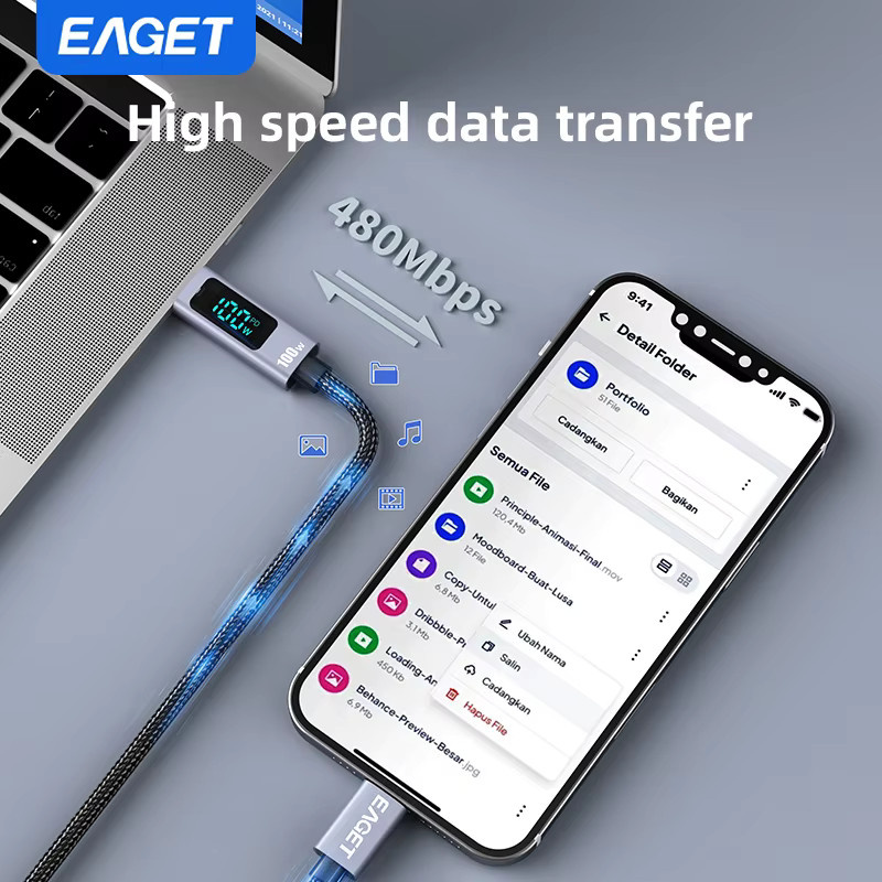 EAGET USB-C-auf-USB-C-Kabel mit digitaler Anzeige, 100W Leistung, E-Mark-Chip und 480 Mbit/s Datensynchronisation, Schwarz - Bild 2
