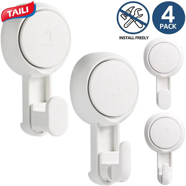 TAILI Saugnapf-Haken Set, 4 Stück, weißer Handtuchhalter und Duschaufhänger ohne Bohren für Badezimmer und Küche - Bild 1
