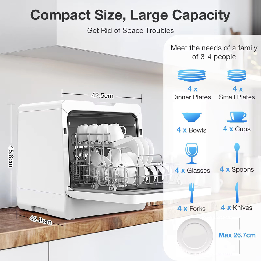 BLITZHOME BH-4-CDW Kompakter intelligenter Arbeitsplatten-Geschirrspüler in Weiß mit APP-Steuerung, 8 Programmen, 3D 360 Grad Doppelspray und integriertem 5-Liter-Wassertank - Bild 4