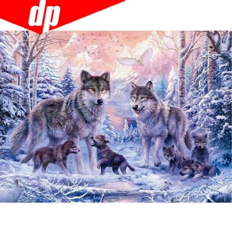 FIYO 5D Diamant-Mosaik Set Wolfsfamilie im Schnee mit runden Diamanten, DIY Kreuzstich Stickerei in Mehrfarbig, Breite: 20 cm, Höhe: 30 cm - Bild 1