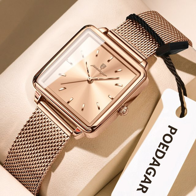 POEDAGAR Armbanduhr, Quarz, Edelstahl, Silber, Damen, eckig - Bild 1