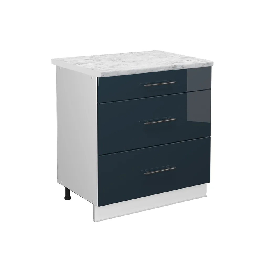 Vicco Küchenschrank Fame-Line Schubladenunterschrank in Dunkelblau und Weiß Hochglanz mit Arbeitsplatte in Marmor-Optik, Breite: 80 cm - Bild 2
