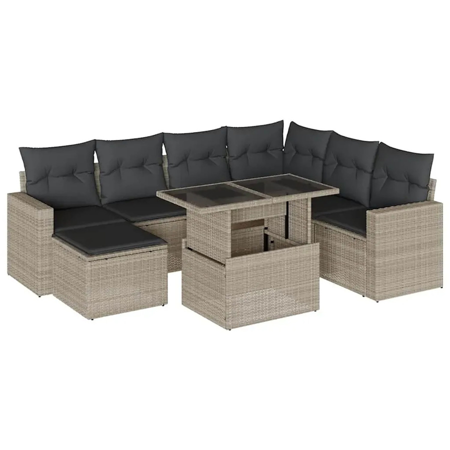 vidaXL 8-teilige Garten-Sofagarnitur in L-Form aus Polyrattan in Hellgrau mit Kissen und Metallrahmen - Bild 2