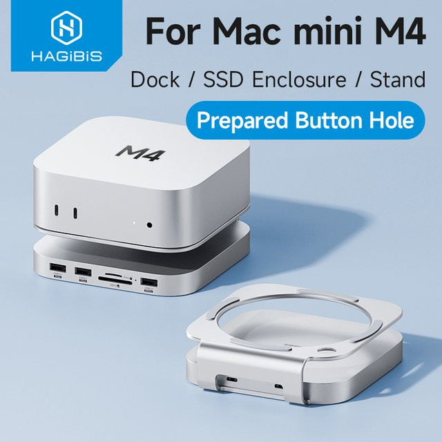Hagibis USB C-Hub Dockingstation mit M.2 SSD-Gehäuse für Mac Mini M4/M4 Pro, USB 3.2 Gen2, SD 4.0 und TF 4.0, Farbe: Silber - Bild 1