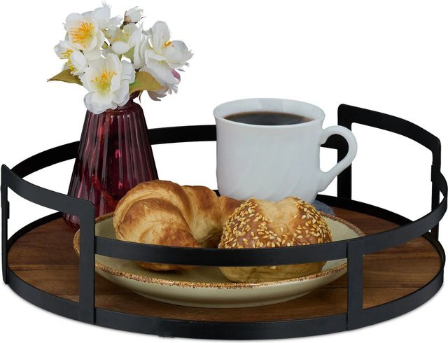 Relaxdays Tablett aus Akazienholz und Eisen in Braun und Schwarz mit hohem Rand und Griffen, Durchmesser: 30,5 cm, Höhe: 8,5 cm - Bild 1
