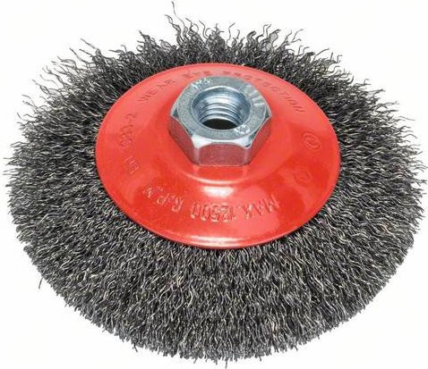 Bosch Kegelbürste Clean for Metal für Winkelschleifer, gewellt, Durchmesser: 115 mm, Drahtstärke: 0,3 mm, M14, Rot - Bild 1