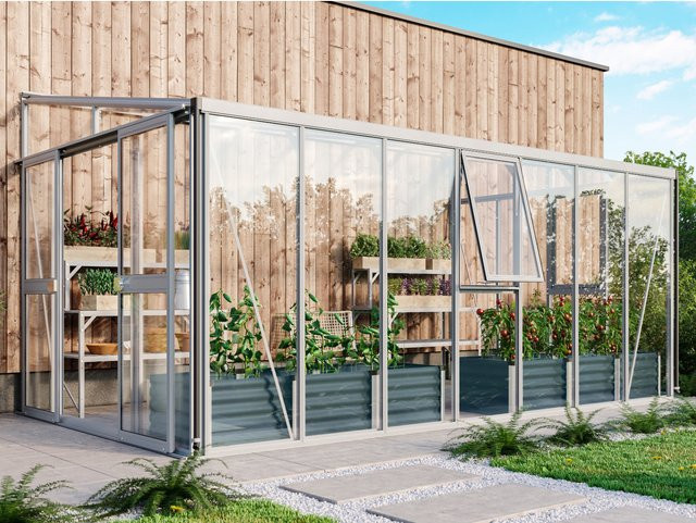 Vitavia Anlehn-Gewächshaus Helena in Silber mit Pultdach und Doppel-Schiebetür aus Aluminium und Polycarbonat - Bild 1