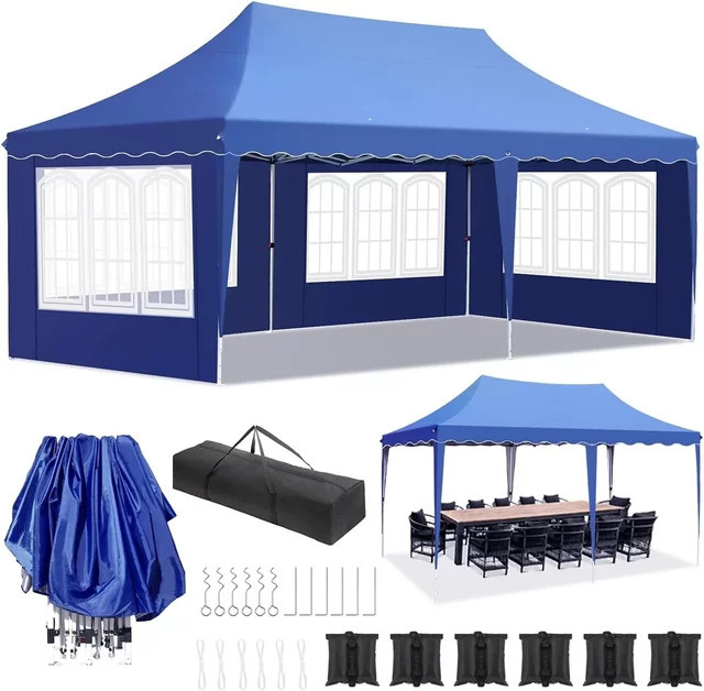Homfa Partyzelt Pavillon mit 4 Seitenteilen und 6 Sandsäcken, B/T/H: 600 x 300 x 186 cm, wasserdicht, UV50+, höhenverstellbar, weiß/blau - Bild 1