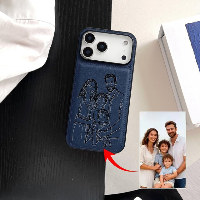 Individuelle iPhone 17 Pro Max Handyhülle aus Kunstleder mit handgezeichnetem 3D Laser Gravur Motiv in Blau - Bild 1