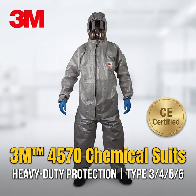 3M 4570 Schutzanzug Grau Chemikalienbeständiger HAZMAT-Anzug Typ 3/4/5/6 mit Kapuze - Bild 1